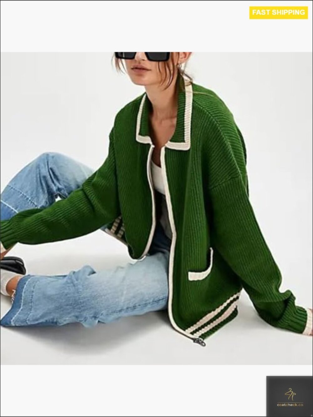 Oversized Zip Up Cardigan Sweater Women Casual Knit Outerwear Contrast Trim - Picture 2 of 7